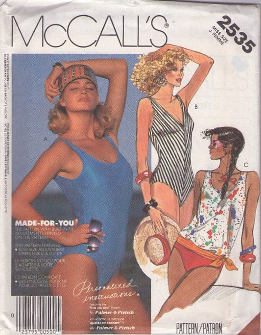 McCall's 2535 Vintage 80's Sewing Pattern Swimsuits Set, Deep V or Scoop Neck, One Piece, Bias Swimsuits, Bathing Suits, Bloused Modest Style Tankini Size 14