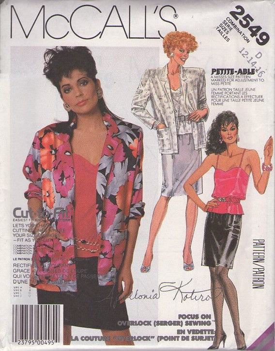 McCall's 2549 Vintage 80's Sewing Pattern Suit Separates, Prince Girl, Apollonia Kotero, Camisole Top, Blazer Jacket & Skirt Size 8-12