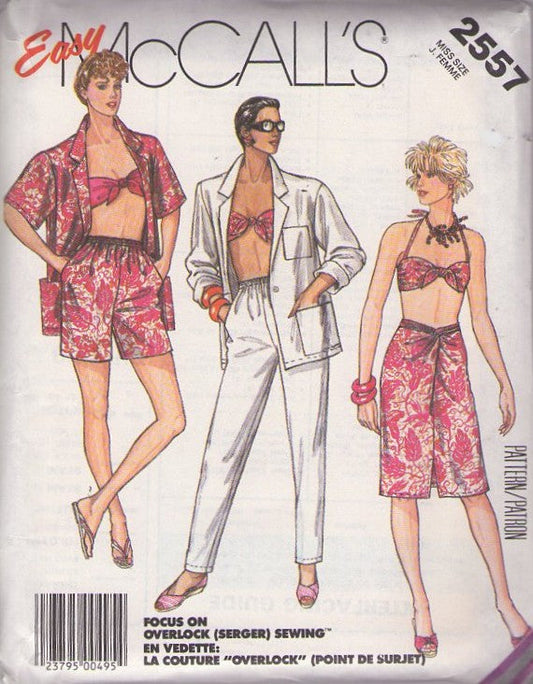 McCall's 2557 Vintage 80's Sewing Pattern Easy Summer Separates, Pinup Girl, Halter Bra Bandeau Top, Shorts, Pants, Ruched Skirt & Oversized Shirt Jacket Size 12