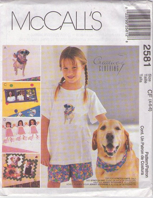McCall's 2581 Retro 2000 Sewing Pattern Girls' Tops, Shorts, Creative Clothing, Wearable Art Photo Appliques Tshirt, Shorts Size 4-6