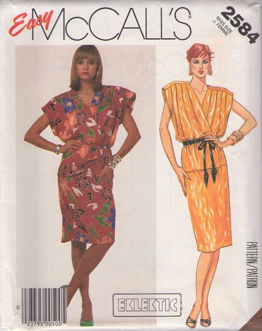McCall's 2584 Vintage 80's Sewing Pattern Easy Dress, New Wave EKLEKTIC, Pleated Surplice Top, Hip Yoke, Slim Party Dress Size 12