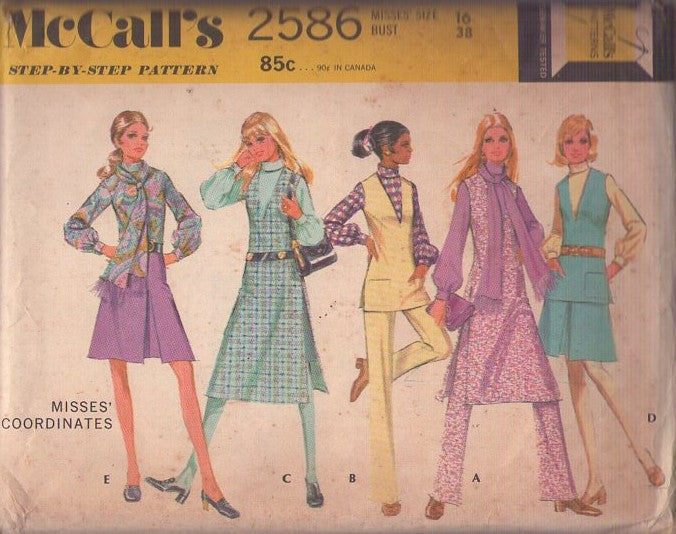 McCall's 2586 Vintage 70's Sewing Pattern Secretary Separates, That Girl Styles, Blouse, Deep V Tunic Top Jumper, Dress, Scarf Size 16
