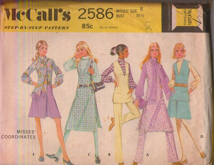 McCall's 2586 Vintage 70's Sewing Pattern Secretary Separates, That Girl Styles, Blouse, Deep V Tunic Top Jumper, Dress, Scarf Size 8