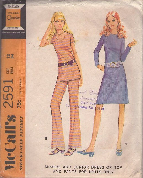 McCall's 2591 Vintage 70's Sewing Pattern Mod Separates, Brady Era Knits Scoop Neck Tunic Top Tshirt, Comfy Pants, Clingy Secretary Dress Size 12