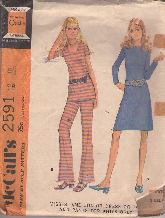 McCall's 2591 Vintage 70's Sewing Pattern Mod Separates, Brady Era Knits Scoop Neck Tunic Top Tshirt, Comfy Pants, Clingy Secretary Dress Size 10