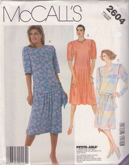 McCall's 2604 Vintage 80's Sewing Pattern Secretary Dresses, Victorian or Prairie Look, Drop Waist, Tie Sash Hips, Garden Party Dress Size 12