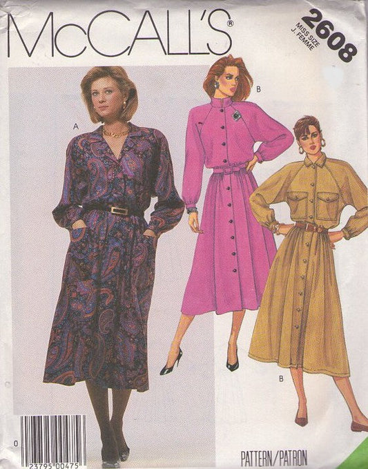 McCall's 2608 Vintage 80's Sewing Pattern Career Coat Dress, Front Buttons, Raglan Sleeves, Nehru or Pointed Collar Size 12