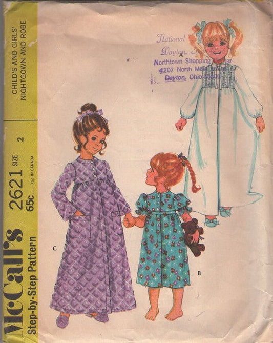 McCall's 2621 Vintage 70's Sewing Pattern Girls' Sleepwear, Modest Long Quilted or Lace Trim Peignoir Bathrobe Robe, House Coat, Nightgown Set Size 2