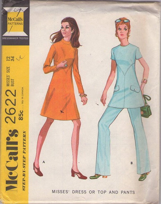 McCall's 2622 Vintage 70's Sewing Pattern Mod Separates, Twiggy Y Shaped Front Seams Tunic Top & Pants Pantsuit or Secretary Dress Size 12