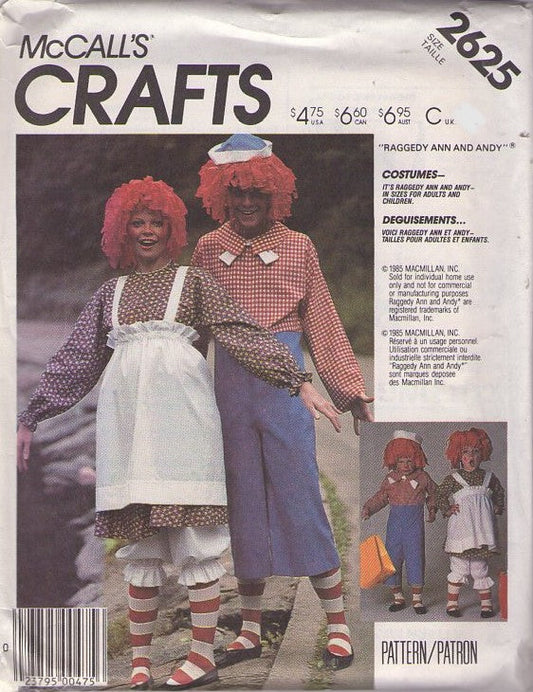 McCall's 2625 Vintage 80's Sewing Pattern Character Costumes, Boys' & Girl's Couples Halloween Costume Raggedy Ann & Andy Dress, Apron, Jumpsuit, Pantaloons, Yarn Wig Size 6-8