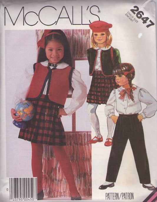 McCall's 2647 Vintage 80's Sewing Pattern Girls' Separates, School Uniform, Blouse, Vest Jacket, Kilt Skirt & Trousers Size 4