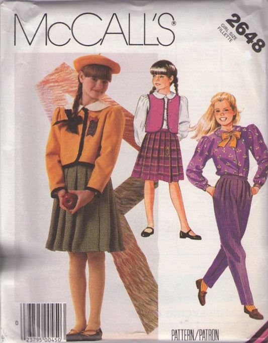McCall's 2648 Vintage 80's Sewing Pattern Girls' Separates, Sunday Church, School Uniform Blouse, Jacket, Kilt Skirt, Trousers, Vest Size 12