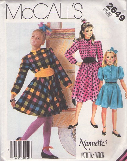McCall's 2649 Vintage 80's Sewing Pattern Girls' Dress, New Wave, Rib Knit, Wide Midriff, Flared Skirt Shirtwaist Party Dress Size 12