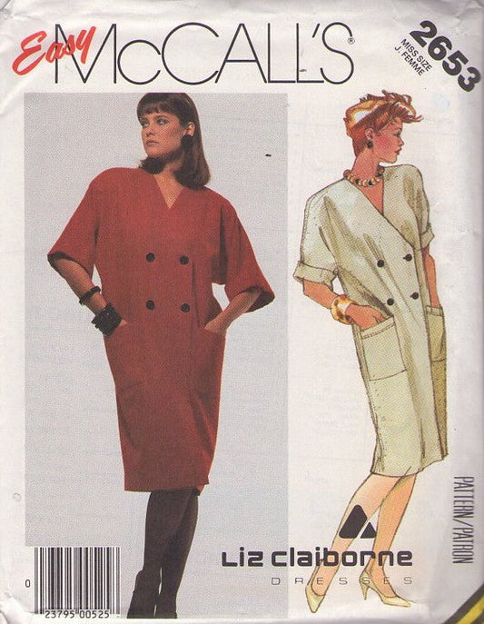 McCall's 2653 Vintage 80's Sewing Pattern Designer Liz Claiborne Easy New Wave Brat Pack Oversized Double Breasted Coat Dress, Pockets Size 12