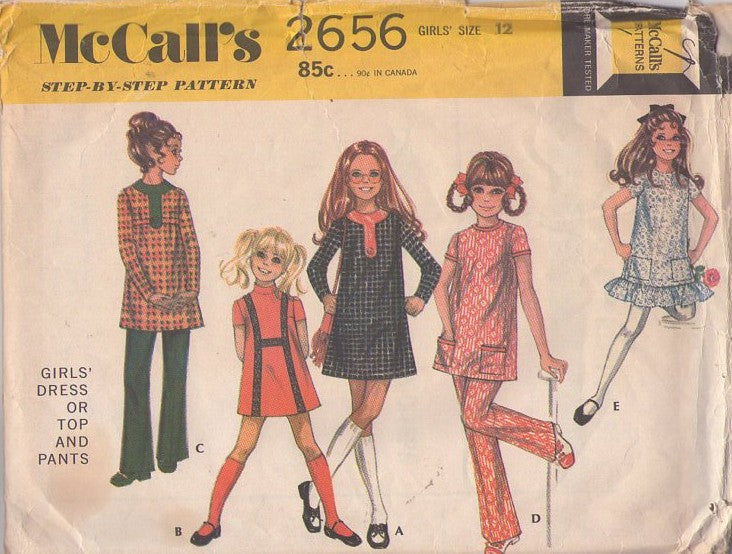 McCall's 2656 Vintage 70's Sewing Pattern Girls' Mod Separates, Brady Bunch Flounced Party Dress, Tunic Top & Pants, Band Trim Dress Size 12