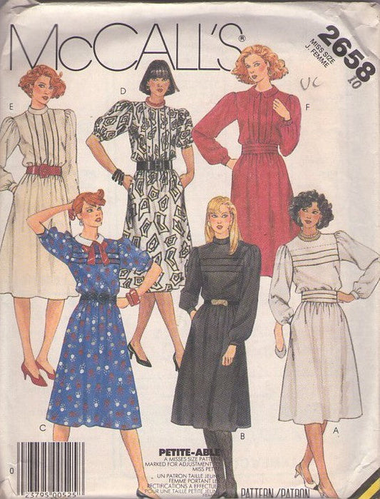 McCall's 2658 Vintage 80's Sewing Pattern Secretary Dress Set,  Horizontal or Vertical Pleats Blouson Flared Skirt Day Dress & Cummerbund Belt 6 Styles Size 10