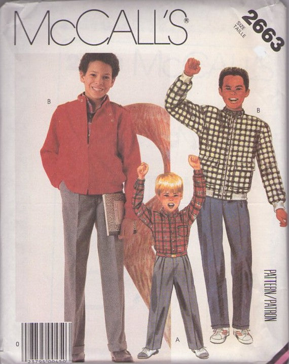 McCall's 2663 Vintage 80's Sewing Pattern Boys' Jacket, Shirt, Trousers, Member's Only Style, Snap Neck Jacket, Dress Shirt, Pleated Pants Size 12