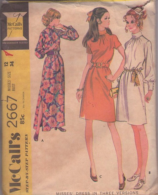 McCall's 2667 Vintage 70's Sewing Pattern Mod Dresses, Roll Collar Shirred Neckline Secretary Day Dress, Slit Leg Long Balloon Sleeve Maxi Gown 3 Styles Size 12