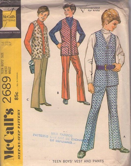 McCall's 2689 Vintage 70's Sewing Pattern Boys' Separates, Disco Leisure Suit, Faux Fur Vest Jacket, Bell Bottom Pants Size 14 CUT