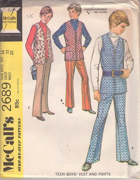 McCall's 2689 Vintage 70's Sewing Pattern Boys' Separates, Disco Leisure Suit, Faux Fur Vest Jacket, Bell Bottom Pants Size 14 UNCUT