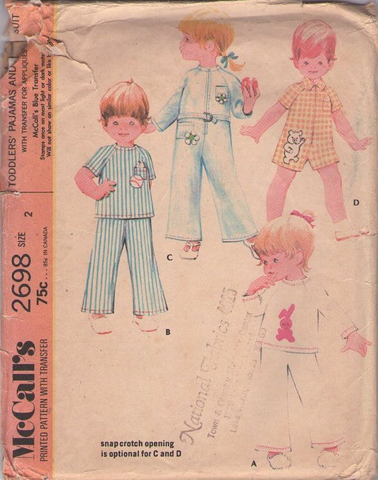 McCall's 2698 Vintage 70's Sewing Pattern Boys' & Girls' PJs Set, Mod Raglan Sleeve Romper, Onesie, Jumpsuit, Top & Pants Pajamas Size 2 Part Cut