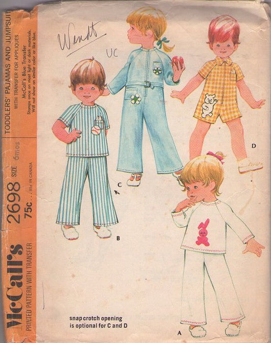 McCall's 2698 Vintage 70's Sewing Pattern Boys' & Girls' PJs Set, Mod Raglan Sleeve Romper, Onesie, Jumpsuit, Top & Pants Pajamas Size 6 Mos.