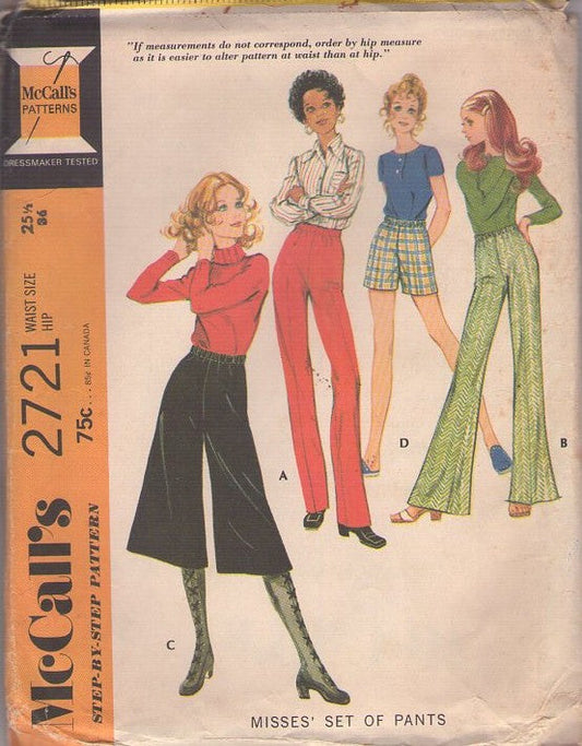 McCall's 2721 Vintage 70's Sewing Pattern Pants Set, Elastic Waist Easy Set of Pants, Shorts, Bell Bottoms, Flared Leg Gauchos Culottes Size 25.5 M