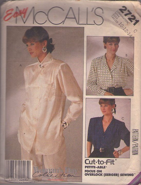 McCall's 2721 Vintage 80's Sewing Pattern Long Tunic Blouse, Secretary Shirt Set Size 10-14