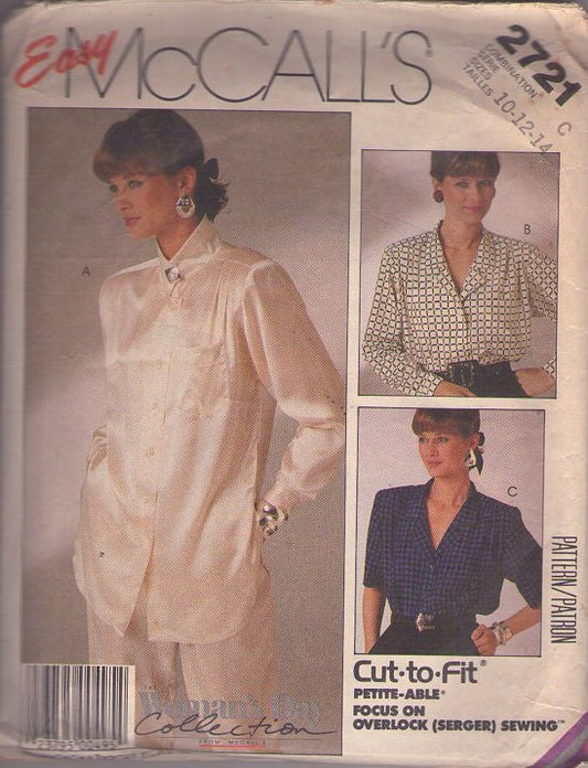 McCall's 2721 Vintage 80's Sewing Pattern Long Tunic Blouse, Secretary Shirt Set Size 10-14