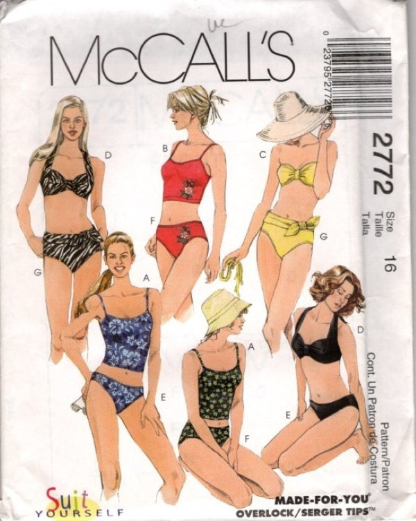 McCall's 2772 Retro 2000 Sewing Pattern Suit Yourself Swimsuit, Bikini Bra Top, Bottoms, Tankini, 2 Piece Bathing Suits Size 16