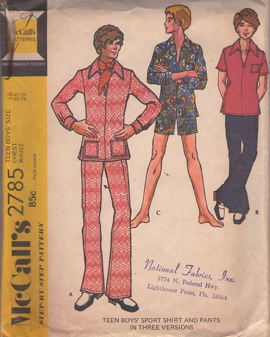 McCall's 2785 Vintage 70's Sewing Pattern Oh Behave! Mens' Separates, Retro Disco Lounge Lizard Austin Powers Pantsuit or Shorts, Flared Leg Trousers, Sport Shirt Size 18