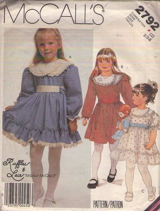 McCall's 2792 Vintage 80's Sewing Pattern Girls' Fancy Dresses, Ruffles & Lace Tie Back, Layered Platter Collar, Flounced Hem Party or School Dress, 3 Styles Size 2-4