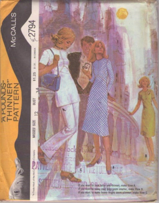 McCall's 2794 Vintage 70's Sewing Pattern Mod Dress or Top, Peace Sign Seams High Waist Tunic Top & Pants Pantsuit, Midi or Regular Length Dress Size 12