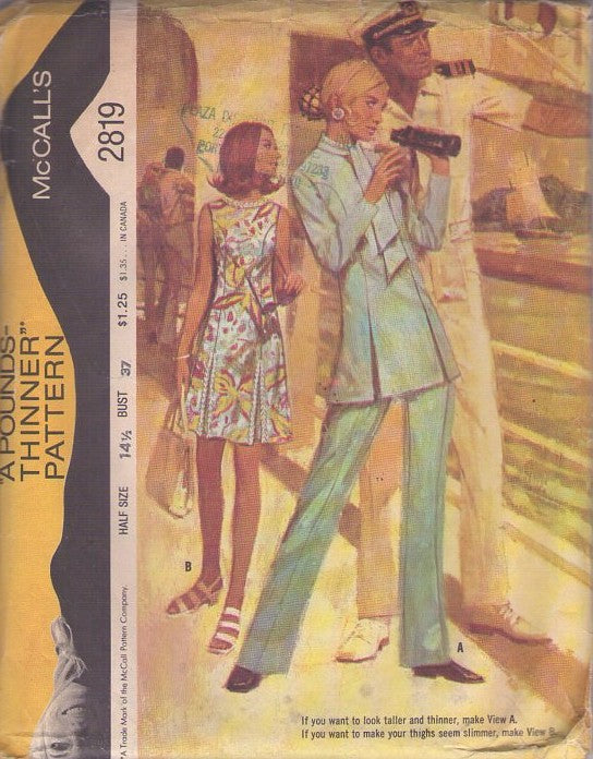 McCall's 2819 Vintage 70's Sewing Pattern Mod Pantsuit & Dress, Princess Seams Tunic Blouse, Slacks, Summer Pleated Dress Size 14.5