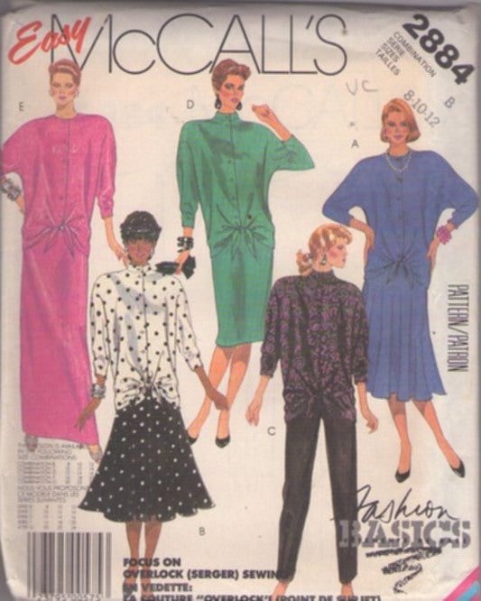 McCall's 2884 Vintage 80's Sewing Pattern Easy Separates, Belly Hiding Fashion Basics Tie Front Step IN Tunic Top Blouse, Batwing Dress, Maxi Gala Gown & Slacks Size 8-12