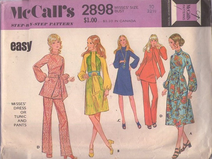 McCall's 2898 Vintage 70's Sewing Pattern Mod Separates, Hostess Balloon Sleeve Tunic Top, Pants, Secretary Dress & Tie Sash Belt Size 10