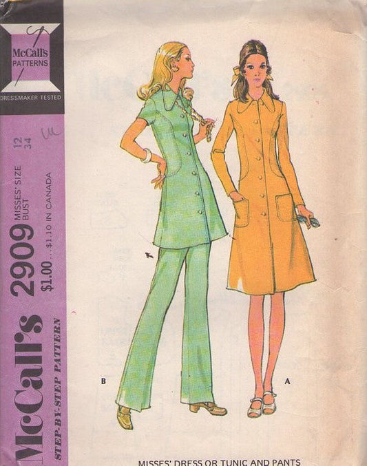 McCall's 2909 Vintage 70's Sewing Pattern Mod Separates, Dog Ear Collar, Shaped Sides Flared Nurse Uniform Tunic Top or Mini Dress, Pants, Pantsuit & Secretary Dress Size 12