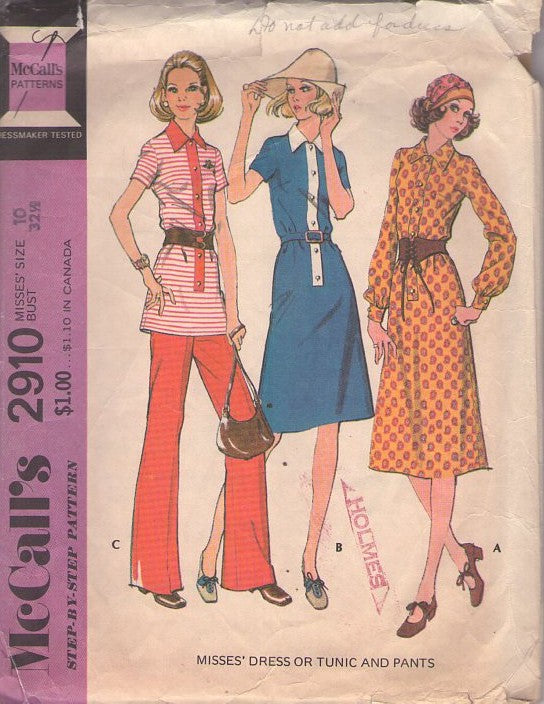 McCall's 2910 Vintage 70's Sewing Pattern Mod Separates, Long Front Buttoned Band Mod Over the Hips Polo Top, Tunic, Dress & Pants Size 10 CUT