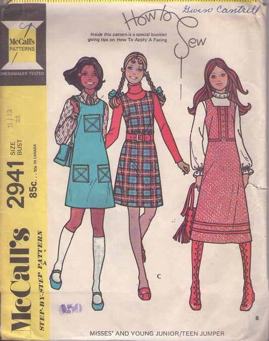 McCall's 2941 Vintage 70's Sewing Pattern Easy Jumpers, Dress Set, How to Sew, Scoop or Square Neck Mini or Knee Length, Pockets 3 Styles Size 11/12
