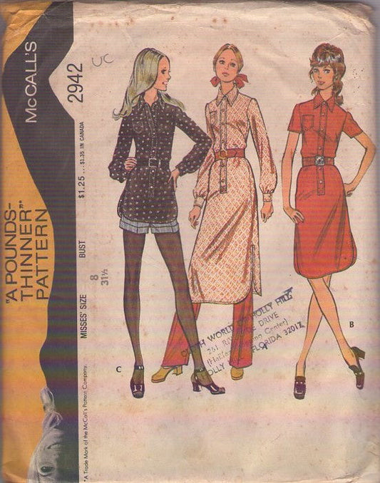McCall's 2942 Vintage 70's Sewing Pattern Shirtwaist Blouse, Long Tunic Top, Secretary Dress, Collar, Button Band Size 8