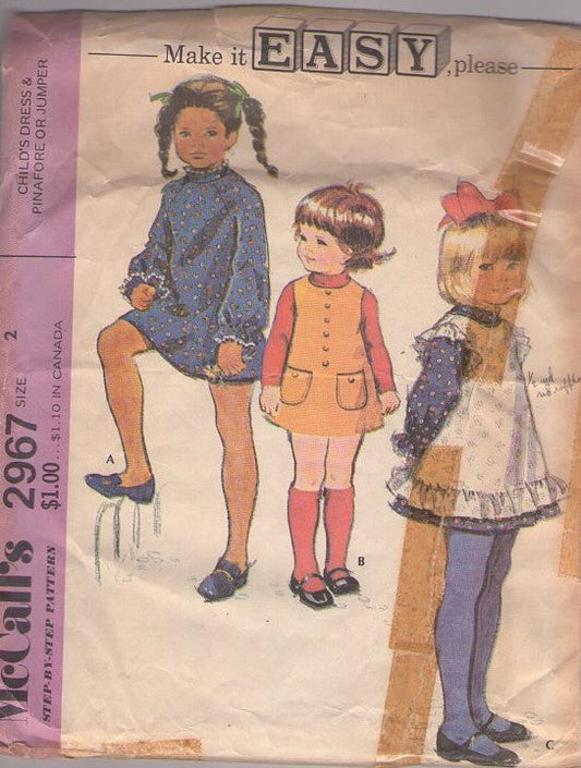 McCall's 2967 Vintage 70's Sewing Pattern Girls' Dress, Pinafore, Make It Easy, Brady Bunch Era, Pinafore Apron, Jumper Size 2