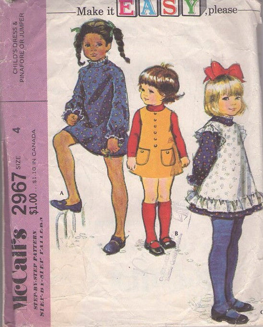 McCall's 2967 Vintage 70's Sewing Pattern Girls' Dress, Pinafore, Make It Easy, Brady Bunch Era, Pinafore Apron, Jumper Size 4