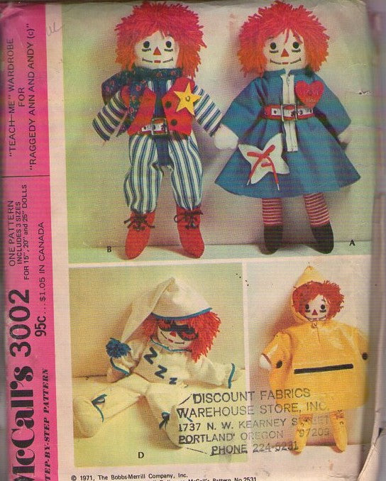 McCall's 3002 Vintage 70's Sewing Pattern Doll Crafts, Official Bobbs Merrill Company, Raggedy Ann & Andy, Teach Me Wardrobe, Stuffed Rag Dolls, Learn to Button, Zip, Snap One Size