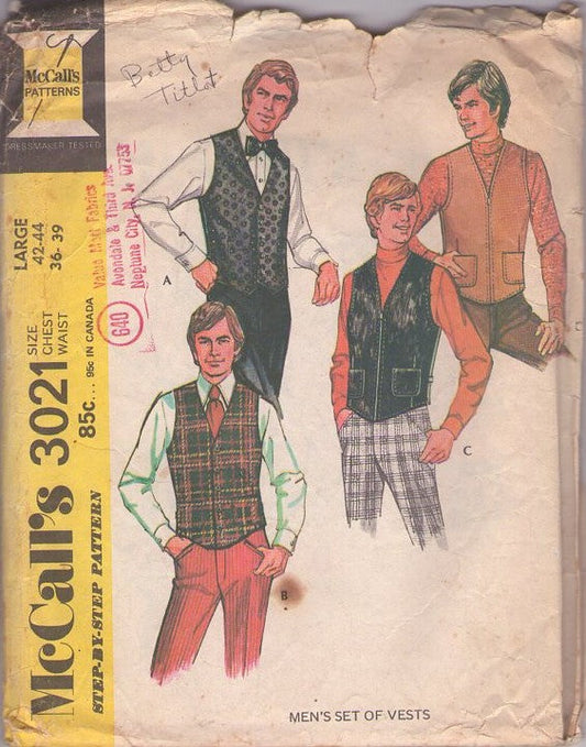 McCall's 3021 Vintage 70's Sewing Pattern Mens' Vests, Jackets, Hippie, Biker, Dress Up Men's Button or Zip up Vest Jacket Set 43 Styles Size L