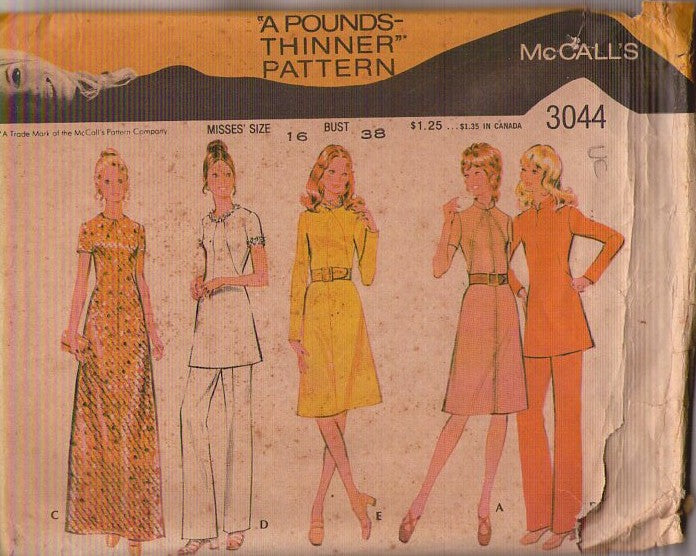 McCall's 3044 Vintage 70's Sewing Pattern Mod Pantsuit, Evening Maxi Gown, Secretary Dress, Tunic Top & Pants Size 16