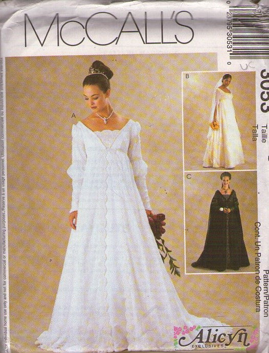 McCall's 3053 Retro 2000 Sewing Pattern Wedding Dress, Alicyn Exclusives, Renaissance Queen, Empire Waist, Fairycore, Goth Core, Bridal Gown 3 Styles Size 8-12