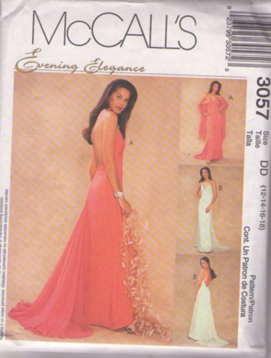 McCall's 3057 Retro 2001 Sewing Pattern Evening Elegance Gown, Red Carpet Worthy, Bare Back Halter Top Dress, Beach Wedding Dress, Rear Inset Godet Train & Stole DIVINE! Size 12-18