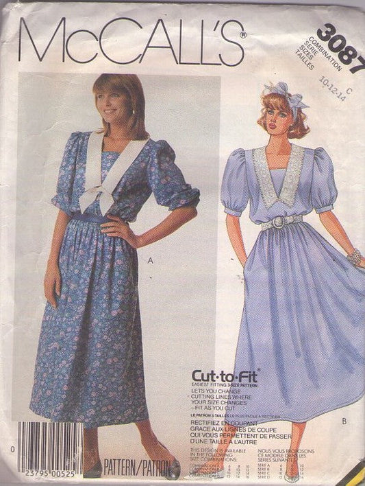 McCall's 3087 Vintage 80's Sewing Pattern Secretary Dresses, Cottagecore, Blouson Lace Collar Modest Garden Tea Party Dress 2 Styles Size 10-14