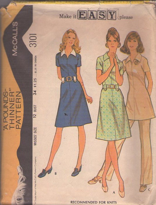 McCall's 3101 Vintage 70's Sewing Pattern Make It Easy, Please Collared Button Tab Belt Carriers Nurse Uniform, Pantsuit, Secretary Dress, Tunic Top & Pants Size 12