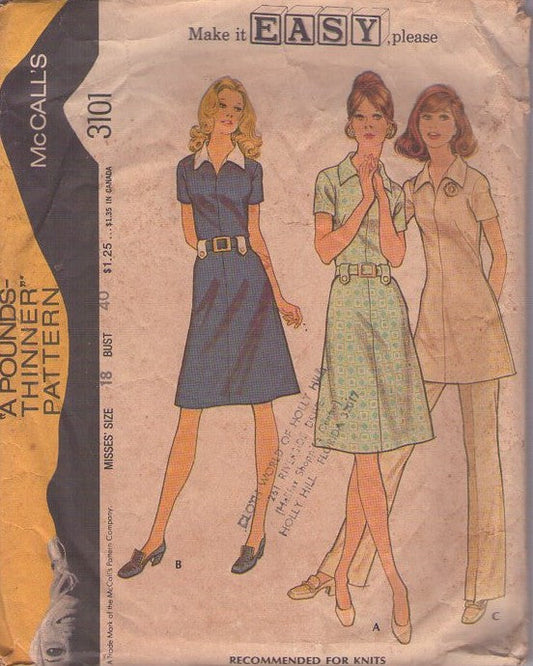 McCall's 3101 Vintage 70's Sewing Pattern Make It Easy, Please Collared Button Tab Belt Carriers Nurse Uniform, Pantsuit, Secretary Dress, Tunic Top & Pants Size 18